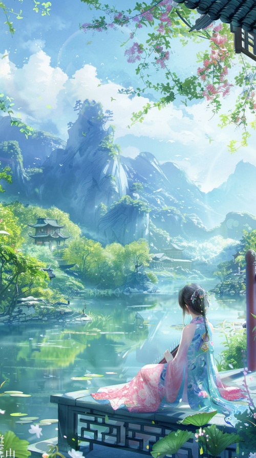 阳光明媚，一个穿着粉蓝色汉服的女生，坐在凉亭里面弹奏古筝，周围青山绿水，风景特别优美