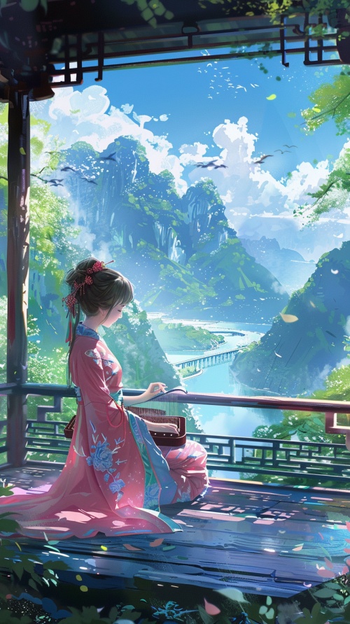 阳光明媚，一个穿着粉蓝色汉服的女生，坐在凉亭里面弹奏古筝，周围青山绿水，风景特别优美