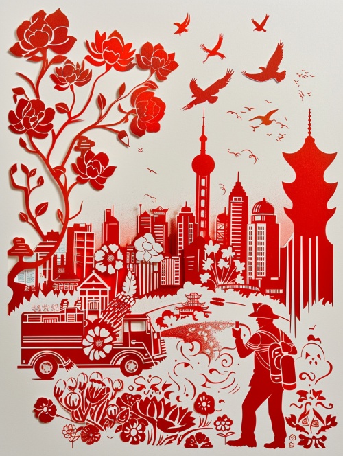中国传统剪纸，镂空，平面，红色白底单层、消防员拿着灭火器在救火，身旁停着一辆消防车，远处还有城市，鲜花，鸽子在天空中飞翔，