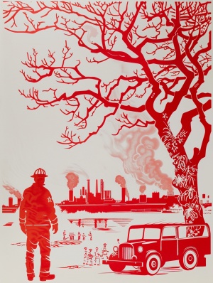 中国传统剪纸，镂空，平面，红色白底单层、消防员拿，消防栓，火，身旁停着一辆消防车，远处还有城市