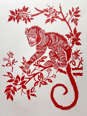 Paper-cutting. Chinese Traditional Zodiac monkey, red, paper engraving, traditional Chinese paper-cutting craftsmanship.
