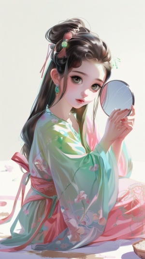 卡通人物设计,风格为迪士尼,可爱的女孩坐在地上,手里拿着镜子,大眼睛看着自己的脸,穿着汉服,颜色为粉色、绿色和蓝色。背景为白色,全身像,高清。
