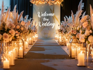 现代梦幻的婚礼现场装饰,有香槟色花朵和白色植物。在空舞台中间设置了一个大型的艺术立体背景,上面写着“欢迎参加我们的婚礼”。从正面看,地板上有一条长长的铺着地毯长廊通向舞台。长廊两边都有玻璃瓶，里面装有蜡烛和鲜花。绚丽的灯光，超唯美，超高清，超细节