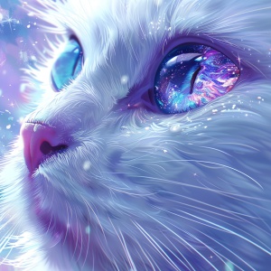 白猫带有蓝色和紫色水晶般的眼睛,奇幻世界背景,可爱的动漫风格,白色的皮毛上有闪光,大大的美丽睫毛,梦幻氛围,鲜艳的颜色,详细的插图,幻想艺术,以动漫艺术风格,超详细,超现实主义,锐利焦点,高分辨率