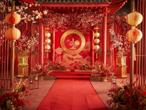 宫廷风的婚礼现场装饰,有金色花朵和红色植物。在空舞台中间设置了一个立体红色不规则背景,上面有着龙凤和一点梅花的微图案，从正面看,地板上有一条垫高长长的红地毯通向舞台。两边都有复古灯笼柱，地板还装有鲜花。绚丽的灯光，传统古典，超高清，超细节