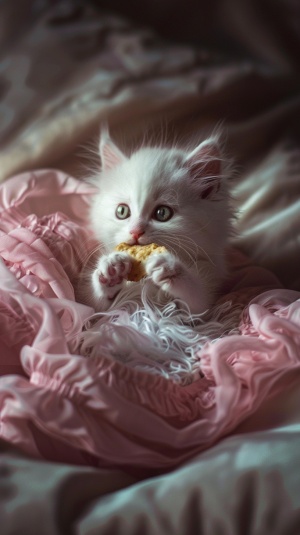 现代有机风格，正面视图，全身镜头（FLS），冷光，一只白色小猫，拟人化，穿着一件粉色连衣裙，慵懒的躺在沙发上吃薯片