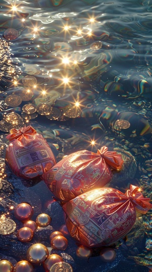 Surrealism, exquisite Chinese money bags, on the water surface, sparkling water, reflected on the sparkling water surface, gold coins, pearls, sparkling shadows, pink and transparent texture styles, sunshine, speckled surreal water, dreamy imagery, and unsettling fantasies. I can‘t believe how beautiful this is. Natural light, realistic, high-definition, high detail, clean, concise, with the best picture quality