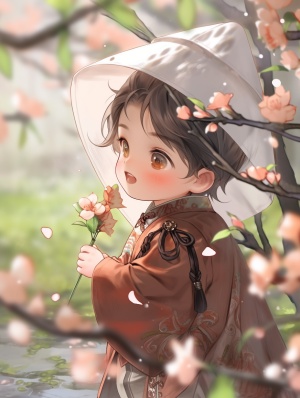 Q版，中国古代风格，可爱的小男孩，在院子里玩耍，白色的梨花背景