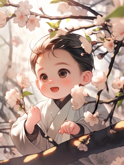 Q版，中国古代风格，可爱的小男孩，在院子里玩耍，白色的梨花背景