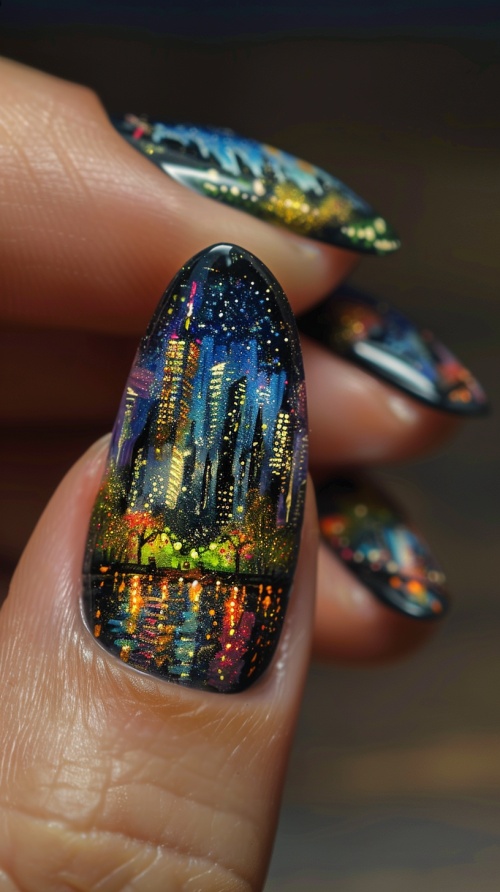 nail art of night town,beautifulilluminated city inthe transparent crystal nails,intricatedetailed,miniature,architects nails ar 3:4 styleraw stylize 250