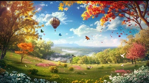 1 spring, 2 summer, 3 autumn, 4 winter, transition, seasonal, dynamic, vibrant colors, trees changing leaves, (flowers:1.2), green grass, (sunny:1.3), blue sky, fluffy clouds, (snow:1.5), snowflakes, hot air balloon, river flowing, animals, birds flying, butterflies, bees, (leaves falling:1.2), (snowman:1.5), rain, thunderstorm, rainbow, (autumn leaves:1.3), realistic, depth of field, ambient light, (cinematic composition:1.3), HDR, Accent Lighting, wide-angle lens, best quality, masterpiece.1春天，2夏天，3秋天，4冬天