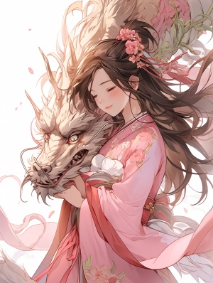 中国古代风格，一个美丽女孩，面容精致，棕色长发随风飘扬，穿着粉色华服，身边围绕一条中国龙幼龙，高清