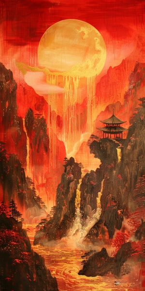 在高山之上，屹立着一座寺庙，山上流下金色的水，背景红色，