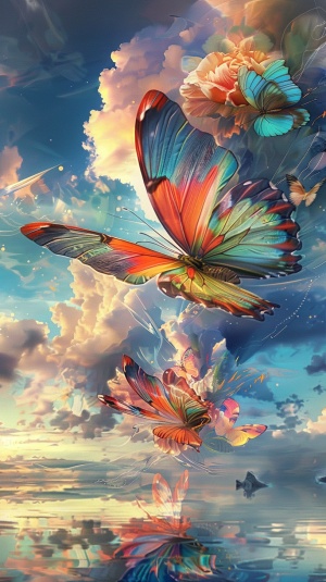 傍晚的海边，巨型透明蝴蝶在天上飞，翅膀上有五颜六色的漂亮花朵，云彩明亮好看