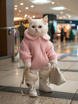 modern organic,Front view,Full Length Shot(FLS),Cold light,A white kitten, anthropomorphized, dressed in a pink sweater and white boots, with a bag slung over its arm, shopping for clothes in a mall.