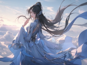 中国古代风格，一个蓝色连衣裙的女孩,黑色披肩长发,穿着古代中式风格的流裙站在云端之上正面看着镜头，质感真实，画质高清。