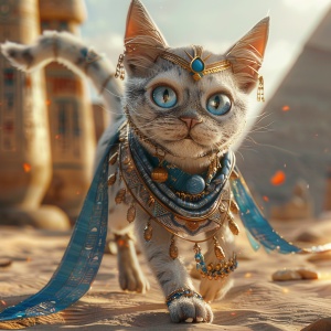 3D，CG，皮克斯风格，古埃及风格，一只可爱的雪猫穿着幻想的蓝灰色飘带，头上有蓝色的装饰物花钿，飘带上面有金色的金属装饰物，丹凤眼，像飞一样奔跑，飘带飞舞，奔跑，金字塔，沙漠，，古埃及金字塔，沙漠里，，古罗马神庙内，发光的符咒，全猫，非拟人化，戏剧性的灯光，8k，肖像，在Otomo Katsuhiro的风格，在一个现实的超细节渲染风格，发光，，zbrush，超现实的油，，夸张的视角，Tyndall效果，，背景，现实
