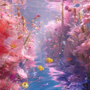 五颜六色的鲜花绽放在粉色的海水中异常唯美，可爱的鱼儿都游了过来玩耍