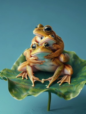 一片绿色的荷叶，上面坐着一大一小两只青蛙，一只搂着另一只，就像是搂抱着的母女俩个人。蓝色背景。高清晰度全景摄影，3D氛围渲染