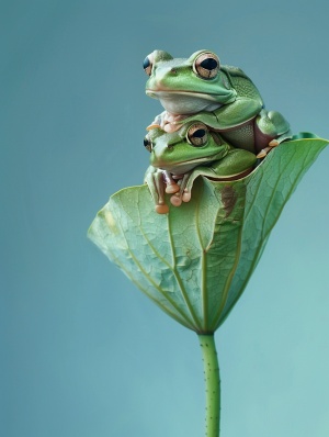 一片绿色的荷叶，上面坐着一大一小两只青蛙，一只搂着另一只，就像是搂抱着的母女俩个人。蓝色背景。高清晰度全景摄影，3D氛围渲染