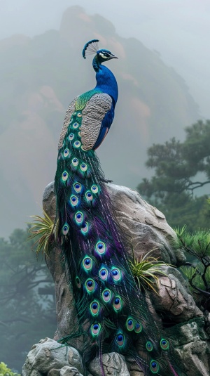这张图片描绘了一只孔雀站在山石上，背景是一片朦胧的山脉。孔雀羽毛色彩斑斓，主要是蓝色、紫色和金色，尾羽展开，呈现出独特的眼状图案。它的身体主要是彩色的，颈部有一圈白色的羽毛。山石周围长着一些小植物，颜色是黄绿色的。整个场景给人一种宁静而神秘的感觉。