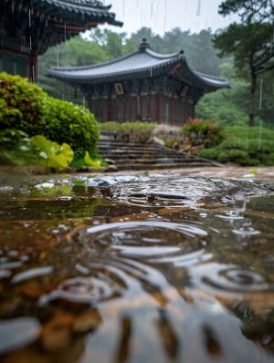 A photo of the Hwaseong Temple in the rain, surrounded by stone paths and greenery, featuring an ancient wooden building with traditional Korean architecture. The scene is captured from a wide angle to showcase its vastness. Water droplets on surfaces create a wet atmosphere that adds depth to the landscape. This photograph highlights details like water ripples on rock surfaces and leaves. It is a beautiful depiction of nature's beauty in the style of traditional Korean landscape photography.
