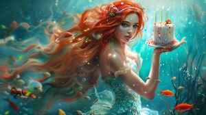 水下美人鱼正在过生日，手里举着蛋糕，美女，温柔，漂亮红发，长发，有少量鱼，画面唯美，画面亮，正脸