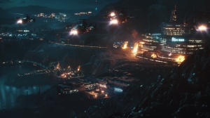 电影《钢铁侠》夜晚 成群的无人机正在围攻钢铁侠基地总部 坐落在半山腰上的大型基地建筑 火光四溅 爆炸 壮观 全景 俯视 写实场景 8k 细节清晰 真实的 高清 写实主义 细节 8K超
