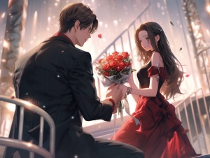 一个现代男人，穿着西装，单膝跪地，手捧着一束玫瑰花，正在对一个现代的女孩求婚，女孩身穿连衣裙，长头发，高清，大师杰作
