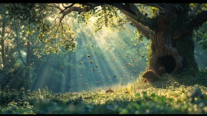 森林的早晨，阳光透过树梢，小鸟站在树枝上唱歌，小熊在树洞门口伸懒腰，森林，早晨的光线和清新的空气。