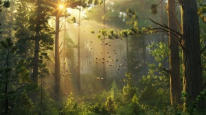 森林的早晨，阳光透过树梢，小鸟站在树枝上唱歌，小熊在树洞门口伸懒腰，森林，早晨的光线和清新的空气。