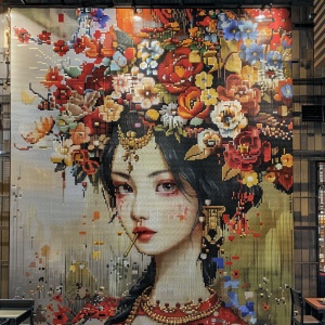 there is a large picture of a woman with flowers on her head, inspired by Xie Huan, inspired by Qiu Ying, inspired by Liu Jue, artwork in style of sheng lam, inspired by Zhang Zeduan, chinese woman, inspired by Yun Shouping, painted on a giant wall, chinese art, inspired by Tang Yifen