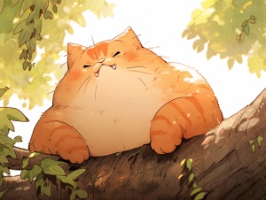 一只胖胖的橘色的小猫，趴在一棵大树上，皱着眉，看着镜头
