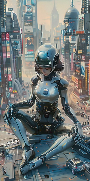 超现实主义画作风格，漂亮的女机器人，盘腿坐在地上，地上是微缩的繁华城市，高楼大厦，马路街道，行人，汽车，漂亮的女机器人，用双手搬动着缩微城市上的建筑物楼房，像玩积木一样调整城市的建筑物，超高清8K画质。