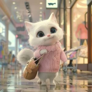 modern organic,Front view,Full Length Shot(FLS),Cold light,A white kitten, anthropomorphized, dressed in a pink sweater and white boots, with a bag slung over its arm, shopping for clothes in a mall.