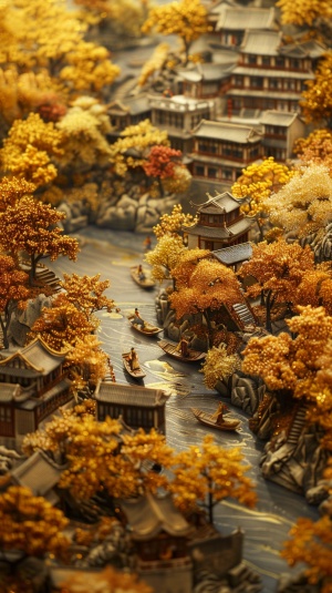 中国古代建筑的中国景观。金银丝线织成的村道上人来人往，黄澄澄的树木随处可见，河边的小路上漂浮着小船，金黄色的沙粒构成的微缩场景，细节精致，富有立体感。