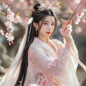 一个美丽的中国女孩,长着长长的黑发,穿着露肩的汉服连衣裙,头戴皇冠,手里拿着樱花在空中。她拥有精致的五官、粉嫩的嘴唇、闪亮的眼睛,以及高清摄影风格的角色插图全身照片。