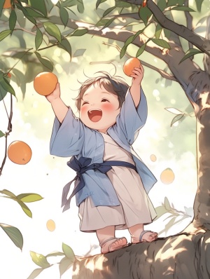 一个可爱的小男孩，青色汉服，古典精致，全身图，在院子里开心的玩耍，梨树背景加上互相追，上树摘梨，等四幅图。