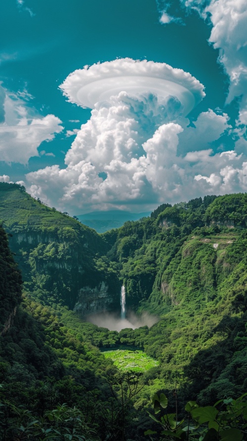 A huge round jellyfish-shaped white cloud falls in the green valley, Hangzhou shot, blue sky, panorama, real scenery v 5.2