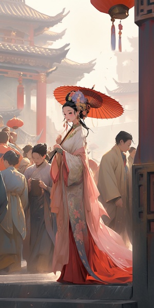 以太平公主为原形，身着唐朝女子汉服，逛灯会，结合中国古代建筑，身后跟着一个女侍卫，街上人很多