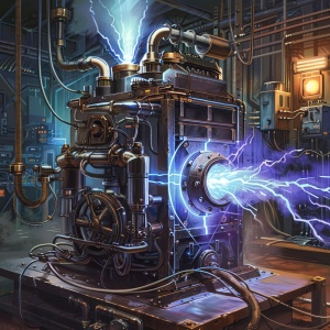 以游戏王画风，画一个正在生产电能的发电机