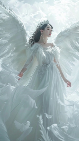 神圣的大天使，女性，浑身发光，纯白长裙，身后巨大洁白羽翼。大师之作，8k画质。
