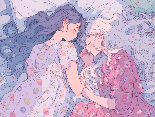 两女子躺在床上，一上一下，两人脸红