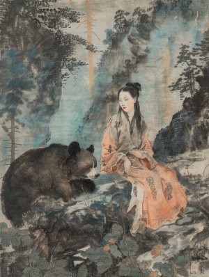 arafed woman sitting on a rock with a bear in the foreground, by Qu Leilei, by Qian Du, by Yang J, by Zhou Fang, inspired by Yun-Fei Ji, by Xu Xi, by Wang E, by Zhang Shunzi, by Qiu Ying, style of guo hua, by Li Rongjin, style of feng zhu