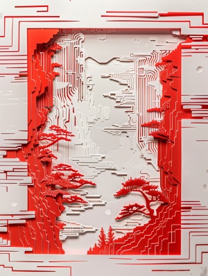 极简的，中国剪纸，体现三线精神，多层，镂空，红色，无阴影，融入芯片元素，以集成电路陈列馆为主体