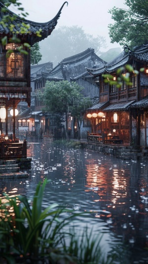 中国古镇,大雨落在木结构建筑上,河流穿村中心而过,传统建筑风格,超写实风格,高分辨率,细节纹理