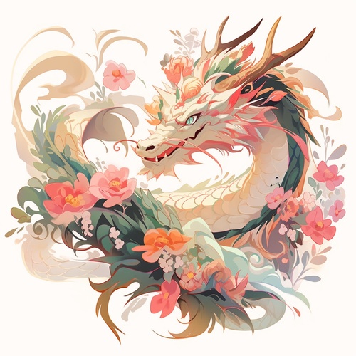 dragon.thebackgroundcolorof charactersshouldbewhitetohighlight theircharacteristics.Therearesome flowerdecorationsaroundthem.Anime style2Dilustrations,cartooncharacter illustrations，high-resolution，using animestyle.