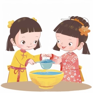 中国女孩从一个大的黄色碗中倒水到一个小蓝杯中,简单的卡通风格,白色背景,彩色动画静止画面,类似漫画的插图,简单干净的线条。
