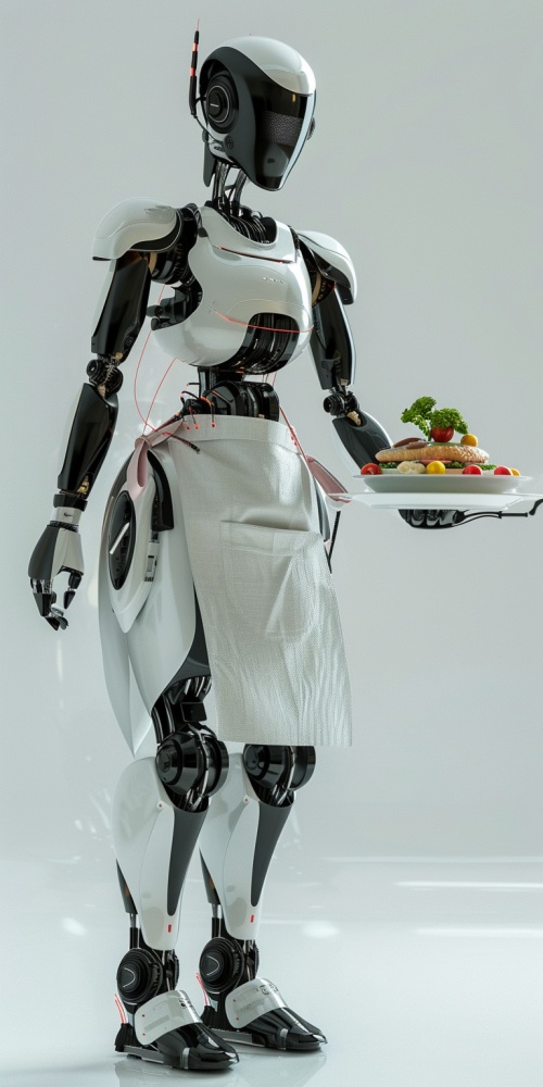 美女机器人在家里做饭，美女机器人扎着围裙，端着一盘色香味俱佳的菜。
