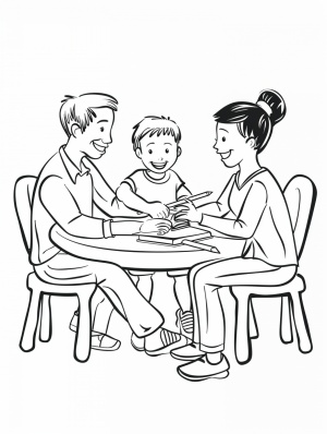 一家三口，老公老婆儿子，坐着帮孩子辅导作业，面带微笑，